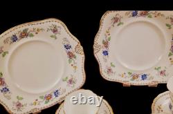 English Tuscan China Tea Cup Set Cake Plates Hand Painted Raised Enamel Florals