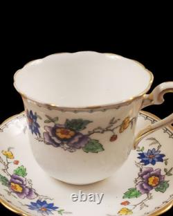 English Tuscan China Tea Cup Set Cake Plates Hand Painted Raised Enamel Florals