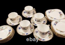 English Tuscan China Tea Cup Set Cake Plates Hand Painted Raised Enamel Florals