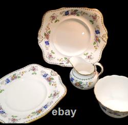 English Tuscan China Tea Cup Set Cake Plates Hand Painted Raised Enamel Florals