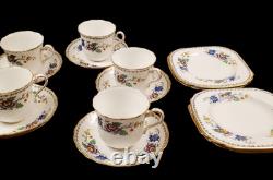 English Tuscan China Tea Cup Set Cake Plates Hand Painted Raised Enamel Florals