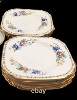 English Tuscan China Tea Cup Set Cake Plates Hand Painted Raised Enamel Florals
