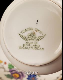 English Tuscan China Tea Cup Set Cake Plates Hand Painted Raised Enamel Florals