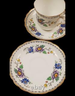 English Tuscan China Tea Cup Set Cake Plates Hand Painted Raised Enamel Florals