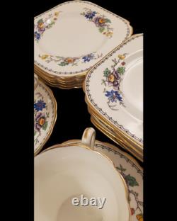 English Tuscan China Tea Cup Set Cake Plates Hand Painted Raised Enamel Florals
