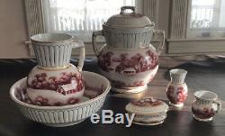 Excellent Complete 6 Pc Stone China Toiletry Commode Chamber Pot Set