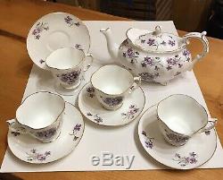 Fine Bone China Tea Set, England, Heirloom, Violets, Teapot, 4 Cups/Saucers-Mint