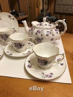 Fine Bone China Tea Set, England, Heirloom, Violets, Teapot, 4 Cups/Saucers-Mint
