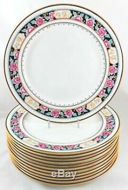 Full Set 12 Dinner Plates Royal Doulton Bone China E9576 Aqua Blue Pink Flowers