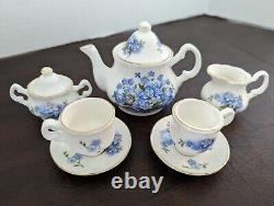 Heirloom Fine Bone China England Mini Tea Set Service 2 Blue Floral 9 Pc