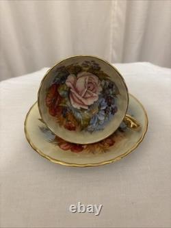 J A Bailey Aynsley England Bone China Cabbage Rose Gold Accent Tea Cup & Saucer