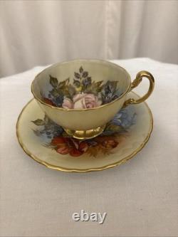 J A Bailey Aynsley England Bone China Cabbage Rose Gold Accent Tea Cup & Saucer