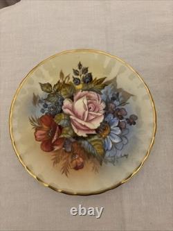 J A Bailey Aynsley England Bone China Cabbage Rose Gold Accent Tea Cup & Saucer