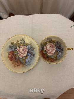 J A Bailey Aynsley England Bone China Cabbage Rose Gold Accent Tea Cup & Saucer