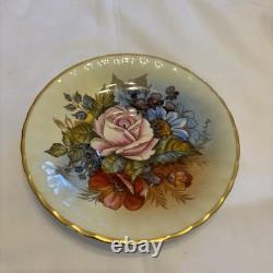 J A Bailey Aynsley England Bone China Cabbage Rose Gold Accent Tea Cup & Saucer