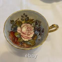 J A Bailey Aynsley England Bone China Cabbage Rose Gold Accent Tea Cup & Saucer