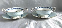 MINTON CHEVIOT BLUE lot of 2 cream soup & saucer sets. Bone china. England