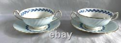 MINTON CHEVIOT BLUE lot of 2 cream soup & saucer sets. Bone china. England