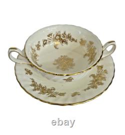 Mintons England Bone China Marlow Pattern Gold Cream Soups & Saucers Set Of 12
