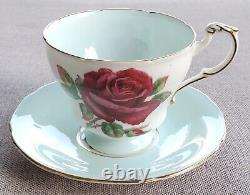 PARAGON Cabbage Roses Signed by R. Johnson Baby Blue Teacup and Saucer Set MINT