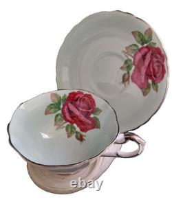 Paragon Fine Bone China England Cabbage Roses Baby Blue Teacup Saucer Set