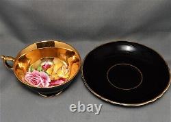 Paragon Floating Cabbage Roses on Black & Gold Tea Cup & Saucer EXTREMELY RARE