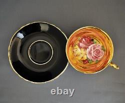 Paragon Floating Cabbage Roses on Black & Gold Tea Cup & Saucer EXTREMELY RARE