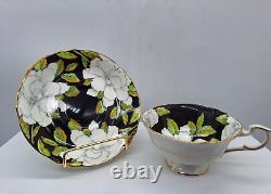 Paragon Teacup & Saucer Fine China England Black Ground White Gardenias