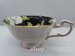 Paragon Teacup & Saucer Fine China England Black Ground White Gardenias