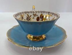 Queen Anne Bone China Blue Lusterware Gold Floral Tea Cup Saucer Set England #62