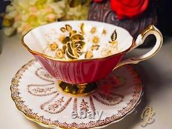 Queen Anne Bone China Red Lusterware Gold Floral Tea Cup Saucer Set England