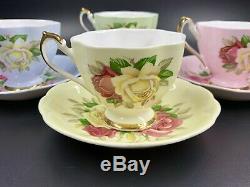 Queen Anne Lady Sylvia Tea Cup Saucer Set of 4 Rainbow Bone China England Rare