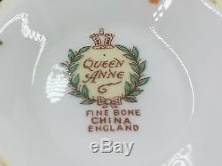 Queen Anne Lady Sylvia Tea Cup Saucer Set of 4 Rainbow Bone China England Rare