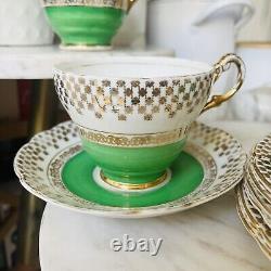 RARE? Harrowby England Tea Set Bone China Gold Green Jug Sugar Bowl HTF VTG