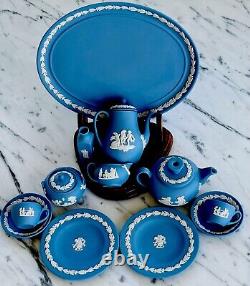 ROYAL Wedgwood miniature blue jasperware Tea Set 12, Fine China. Made In England