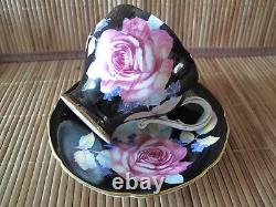Rare Double Warrant Paragon Pink Cabbage Rose on Black Gold Cup & Saucer