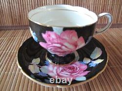 Rare Double Warrant Paragon Pink Cabbage Rose on Black Gold Cup & Saucer