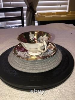 Rare Queen Anne Bone China Gold Gilded Cabbage Rose Flowered Cup/Saucer England