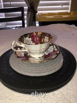 Rare Queen Anne Bone China Gold Gilded Cabbage Rose Flowered Cup/Saucer England