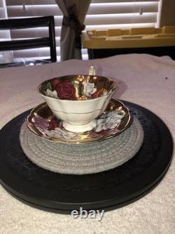 Rare Queen Anne Bone China Gold Gilded Cabbage Rose Flowered Cup/Saucer England