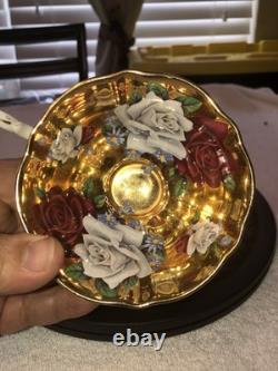 Rare Queen Anne Bone China Gold Gilded Cabbage Rose Flowered Cup/Saucer England