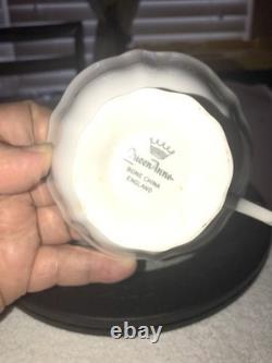 Rare Queen Anne Bone China Gold Gilded Cabbage Rose Flowered Cup/Saucer England