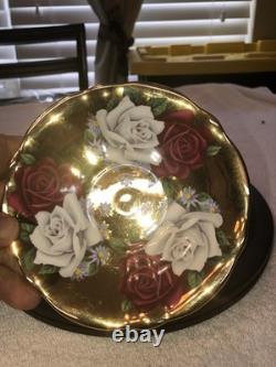 Rare Queen Anne Bone China Gold Gilded Cabbage Rose Flowered Cup/Saucer England