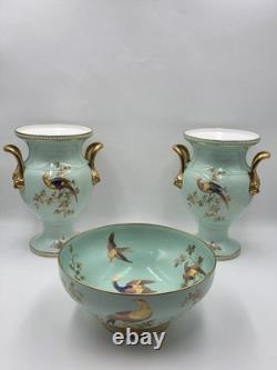 Rare Vintage Spode England Bone China Bird Garniture Urn Vase Bowl Set 3Pc