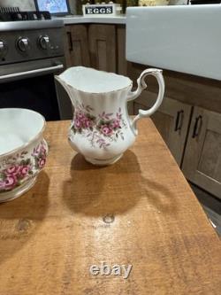 Royal Albert Bone China England Lavender Rose Tea Set Teapot, Creamer And Sugar