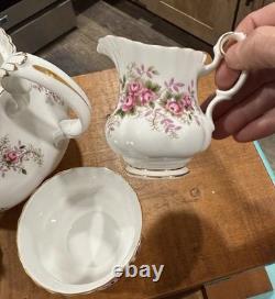 Royal Albert Bone China England Lavender Rose Tea Set Teapot, Creamer And Sugar