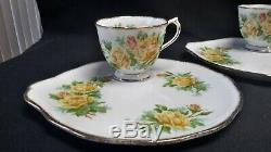 Royal Albert England Bone China Tea Rose Yellow Set of 4 Snack Plate & Cup Sets