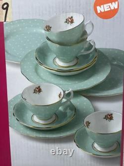 Royal Albert England Polka Rose 12pc Dinnerware Set Mint Green New
