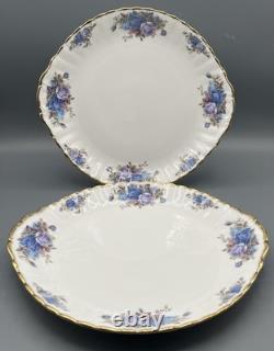 Royal Albert Moonlight Rose China Set 2 Tab Handle Cake Plates Blue Roses Gold