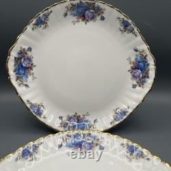 Royal Albert Moonlight Rose China Set 2 Tab Handle Cake Plates Blue Roses Gold